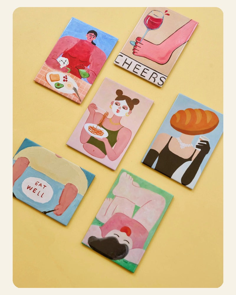 Colorful illustrated ZEZE magnets featuring expressive women, food, and everyday scenes.