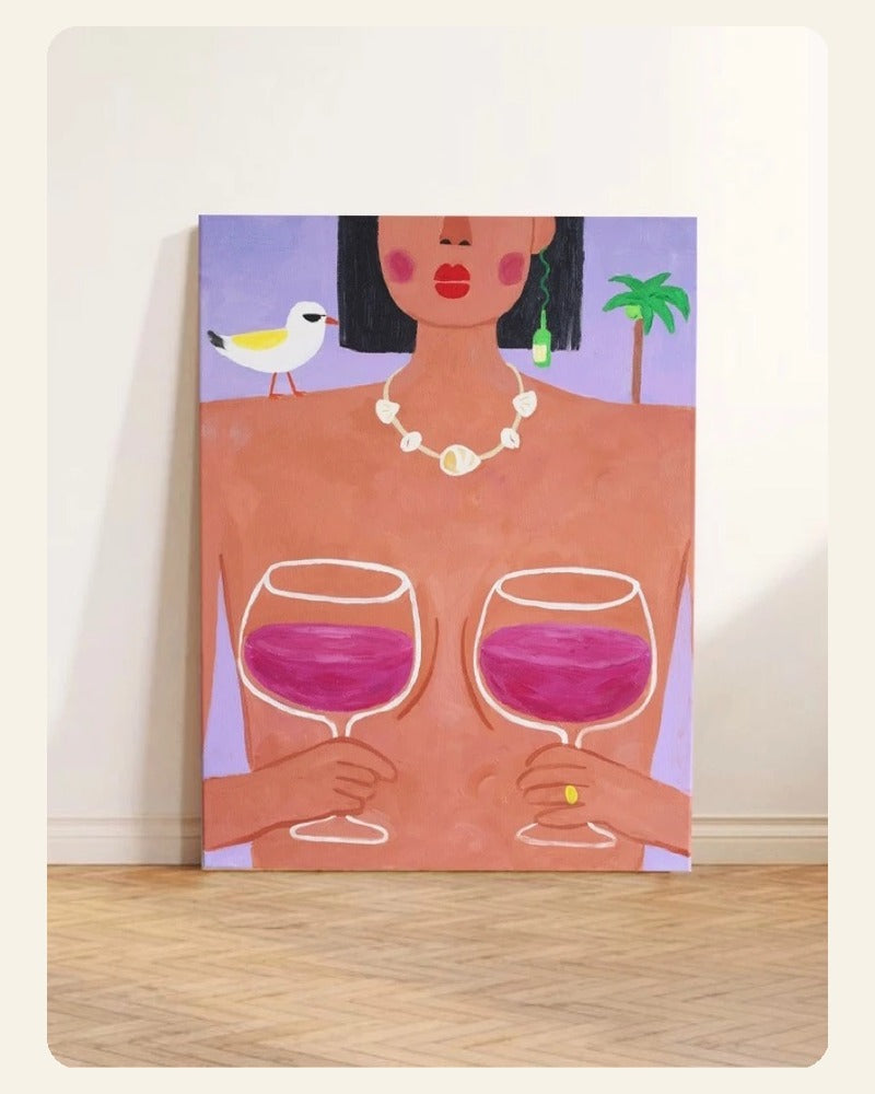 Colorful Island Party art print showing a woman holding two glasses of red wine with a white bird and palm tree.