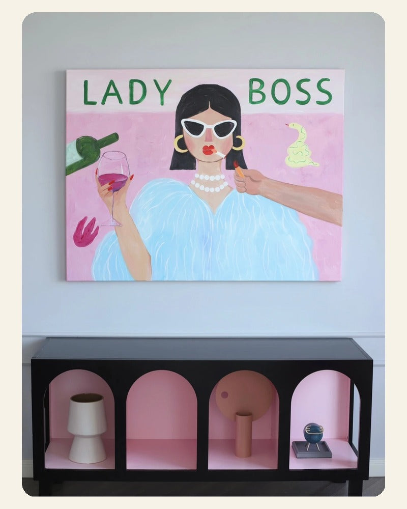 Lady Boss art print showing a stylish woman in sunglasses and pearls holding a glass of wine.