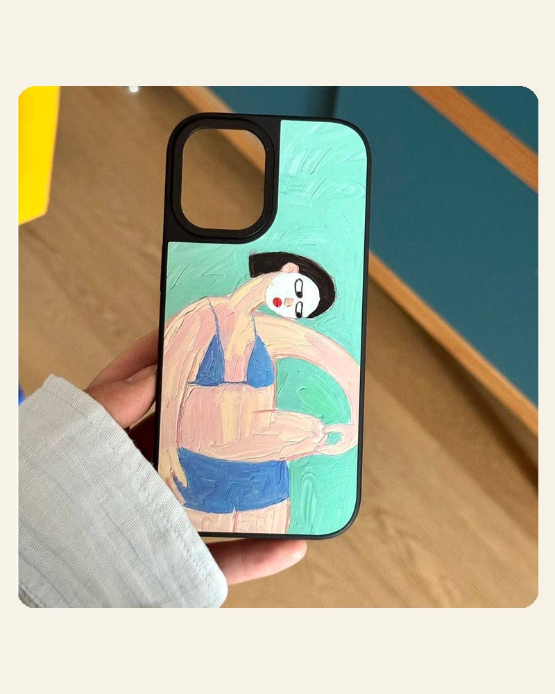 Little Belly mirror phone case with a black frame and colorful seated figure illustration.